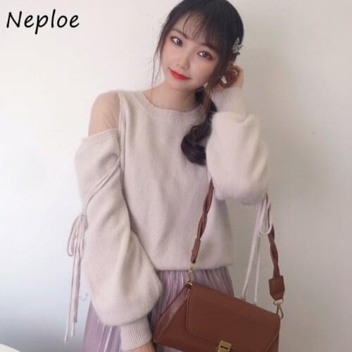 Neploe Sexy Shoulder Strapless Drawstring Voile Patchwork Sweaters Autumn Chic Sweet Knitted Pullovers Japan Style O-neck Tops
