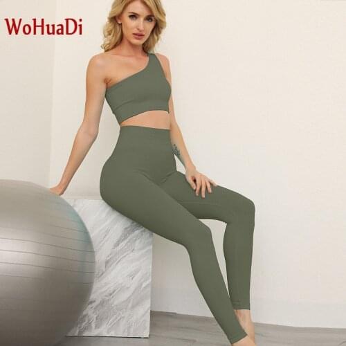 WOHUADI Ombre One Shoulder Sports Bra Set Workout Female Seamless Yoga Sportswear Fitness Gym Women Clothing Leggings Green
