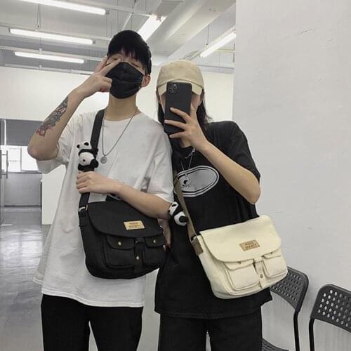 Women Cotton Bucket Pouch Tooling Postman Handbag Totes Girls Solid Canvas Korean Simple Couple Shoulder Bag