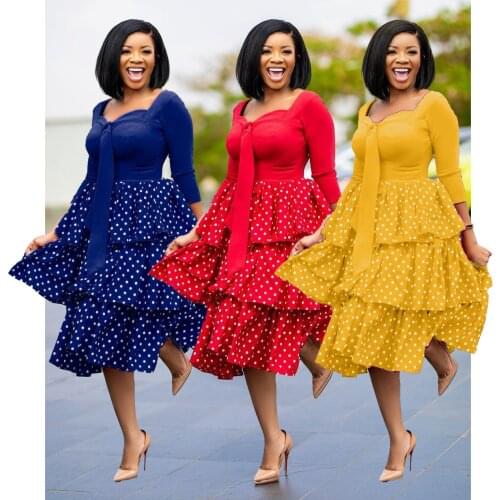 VITIANA Women Red Office Dress Summer 2021 Female Long Sleeve O-Neck Yellow Dot OL Dresses Femme Sexy Party Vestidos Africa