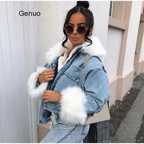 Women Denim Jacket Coat Faux Fur Collar Fleece Thick Warm Female Jackets Top 2020 Autumn Winter Drawstring Tunic Loose Lady Tops