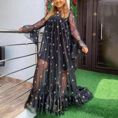 African Ladies Black Long Dress One Size Transparent Floor Length Sexy Elegant Evening Night Party Vestidos Mujer Dress 2021 New