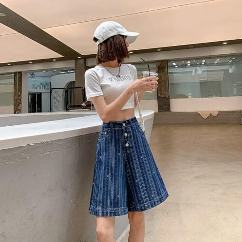 Striped jeans womens 2021 summer new straight-breasted design sense of high waist and thin loose wide-leg pants