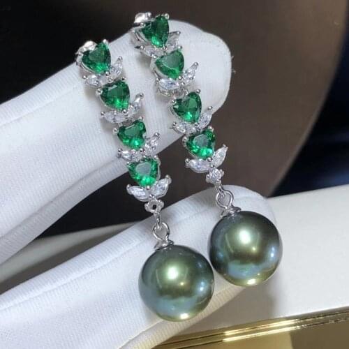 D707 Pearl Earrings Fine Jewelry 925 Sterling Silver 9-10mm Fresh Water Peacock Green Pearls Drop Dangle Earrings for Women