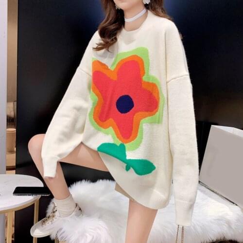 2021 Korean Fashion Y2K Long Sweaters Women Floral Print Kawaii Jumpers Autumn Winter Long Sleeve Pullover Oversize Knitwear