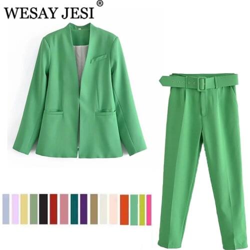 WESAY JESI Za 2021 Womens Jacket Blazer Office Suit Trouser Suits Simple Solid Color Suit Long Sleeve + Trousers 2 Pcs Blazer