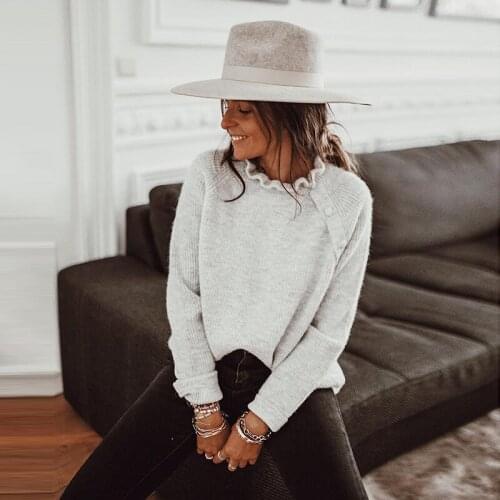 Women Casual Solid Loose Ruffled Collar Boutton Long Sleeve 2021 Autumn And Winter New Office Lady Fashion Sweater Pollover