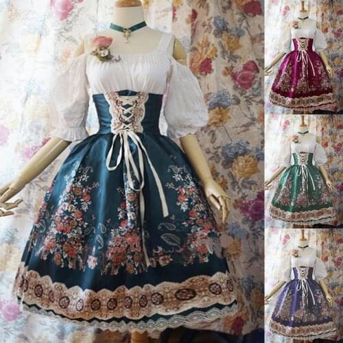 Medieval Women Costume Vintage Retro Victorian Gothic Lolita Print Waist Dress Cosplay Princess Lantern Skirt Large Size 3XL