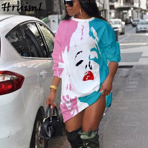Plus Size Dresses Women Colorful Print Long Sleeve O Neck Female Mini Dress Oversize Autumn Casual Streetwear Beach Tshirt Dress