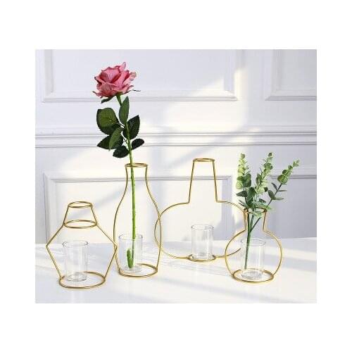 Gold Iron Shelf Flower Vase Garden Decoration Clear Glass Vase Match Home Decor Accessories