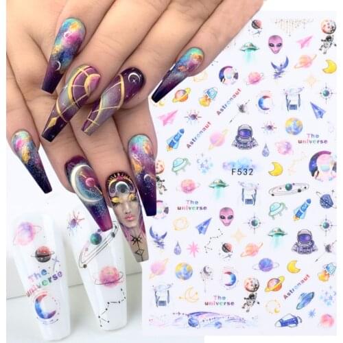 1pcs 3D Stickers for Nails Space Planet Design Decals Gothic Colored Abstract Cartoon Self Adhesive Nail Art Decorations LAF532