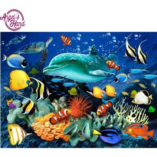 ANGELSHAND Diy diamond painting seabed fish square cross stitch picture rhinestone diamond embroidery handmade needlework