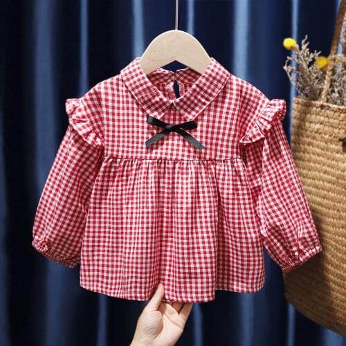Infant Baby Girls Long Blouse Plaid British Style Ruched Long Sleve Bowknot Girls Blouse Clothes Kids Spring Clothes