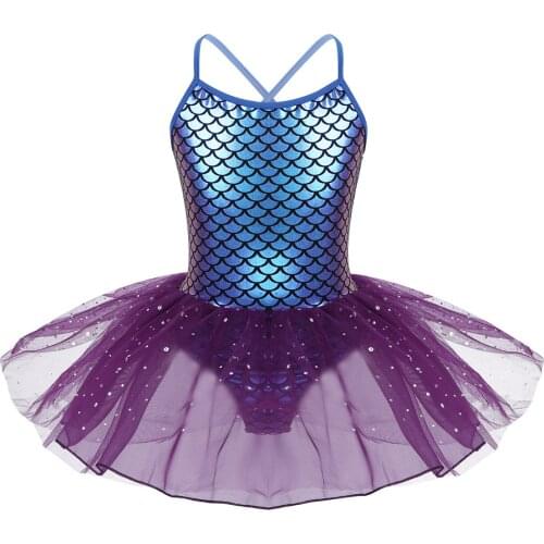 Kids Girls Tutu Dress Glitter Mermaid Costume Spaghetti Shoulder Straps Scales Pattern Printed Ballet Dance Gymnastics Leotard