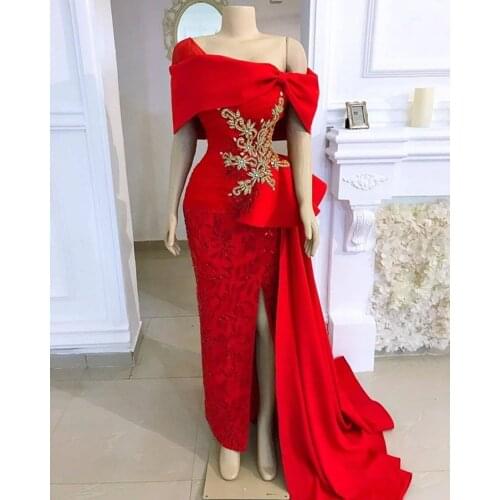 Elegant Red Side Split Evening Dresses 2021 Shiny Floral Crystal Beaded Long Prom Gowns Lace Ruffles Formal Dresses Real Picture
