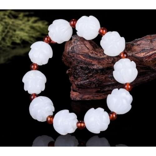 Chinese White Jade 18mm Lotus Beads Bracelet Adjustable Bangle Charm Jewellery Fashion Accessories Hand-Carved Man Luck Amulet