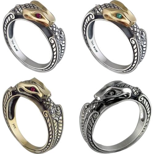 Classic Engraved Domineering Cobra Snake Texture Inlaid Red Green Crystal Rhinestone Copper Ring for Men Party Jewelry