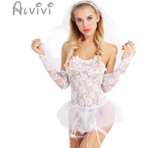 Alvivi Womens Lace Bridal Lingerie Set Wedding Babydoll Nightwear Fancy Costume Cosplay See-through Mesh Bridal Lingerie Set Hot