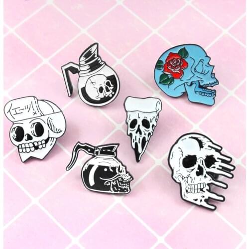Creative skull pin coffee flower pizza skeleton enamel brooch lapel pin dark punk badge and symbol friend jewelry gift