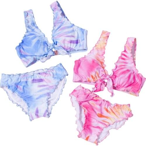 New 2Pcs Girls Swimwear Suit, Summer Children Creative Stringy Selvedge Bow Decoration Split Bikini Swimsuit Set
