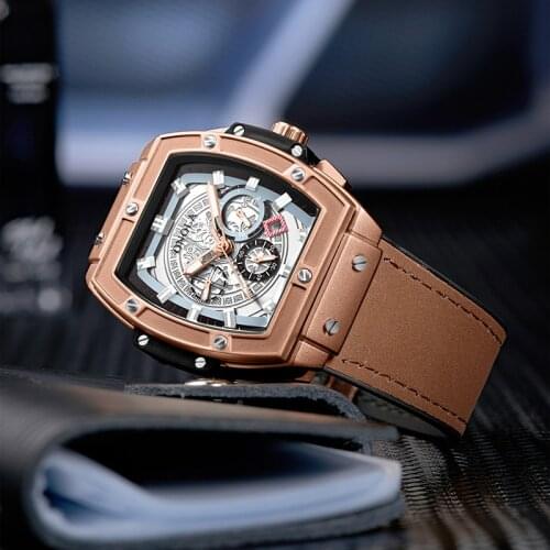 Mens Automatic Mechanical Watch Barrel-Shaped Hollow Dial Fashion Multifunctional Waterproof Luminous Watch A66