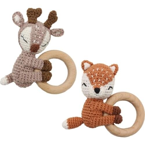 100% Cotton Handmade Crochet Animal Teething Rattle Toys Wooden Teething Ring Fox Reindeer Teether Toy