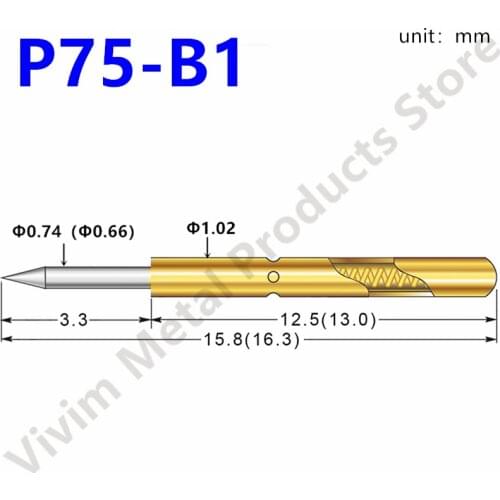 P75-B1 Nickel Plated Pointed Spring Test Probes 100PCS Pogo Pin for Electrical Test Equipment Tool Diameter 0.74mm Length 15.8mm