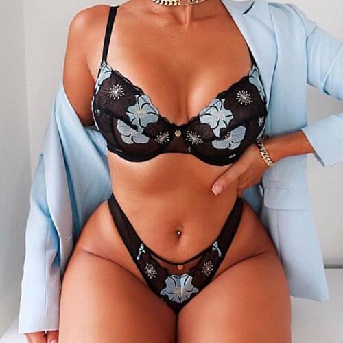 Sexy Lace Lingerie Womens Underwear set Womens sexy Hollow Flower Lace Embroidery Gathered Underwear Set Babydoll Nightwear