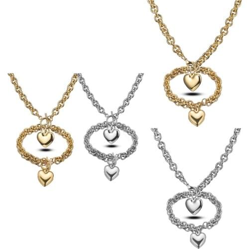 Granny Chic Women Girls' Silver Gold 316L Stainless Steel Rolo Oval Link Chain Heart Pendant Necklace & Bracelet Jewelry Set