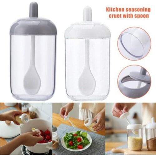 Glass Plastic Seasoning Bottle Salt Storage Box Spice Jar for Salt Sugar Pepper Powder with Spoon Transparent Kitchen Supplies