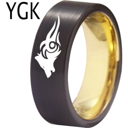 YGK Jewelry Matte Black Golden Inside Tungsten Ring Wolf Design New Mens Classic Wedding Engagement Anniversary Lovers Ring