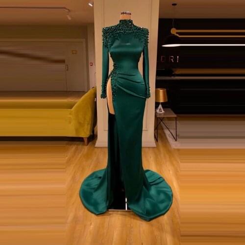 Green Evening Dresses Mermaid / Trumpet Sweep/Brush High Collar 2021Party Gowns Beading long-sleeved Party Dresses