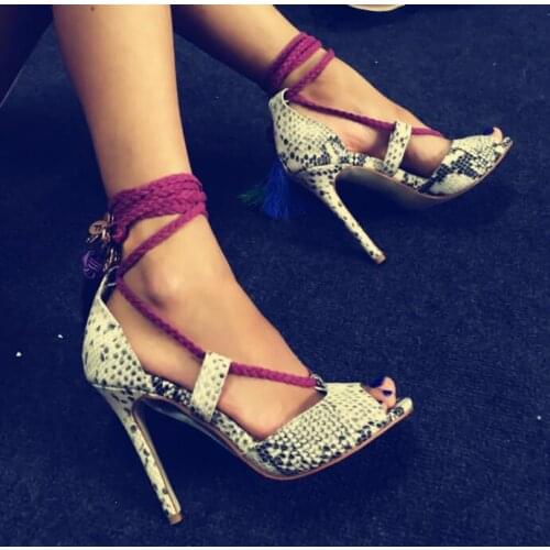 Drop Shipping 2017 Summer Women Sexy Party Peep Toe Green Purple Tassels Lace Up High Heel Sandals Snake Skin Python Shoes 43