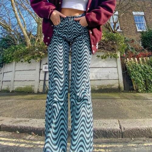 Womens Casual High Waist Tight Pants Wave Printed Flared Pants Y2K Aesthetic Summer Street Clothes Wide Leg Pants Full Length