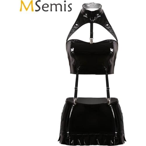 Womens Wet Look Patent Leather Lingerie Set Halter Neck Rave Clothese Clubwear Front Cutout Low Back Crop Top with Mini Skirt