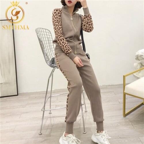 SMTHMA New Arrival Women Leopard Print Knitting Zipper Cardigans + Pencil Pants 2PCS Casual Tracksuits Jacket Trousers Sets
