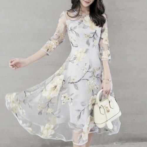 Women O Neck 3/4 Mesh Sleeve Floral Print Large Swing Double Layer Midi Dress