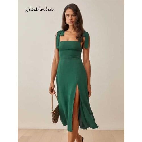 Yinlinhe Green High Waist Elegant Mini Dress Women Elastic Summer Dress Backless Split Tied Brace Vintage Dresses Party 2203