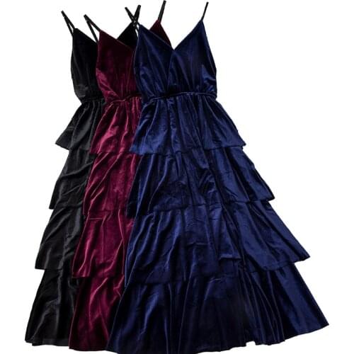 Spring Autumn Women Velvet Cake Dress Sexy Sling Dress Female Sleeveless High waist Big swing Dresses Women Cozy Pullovers H678