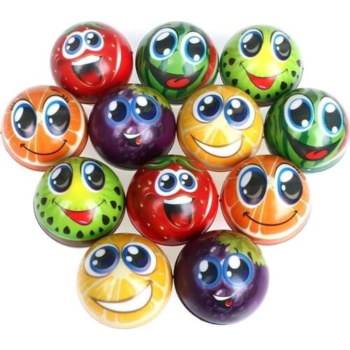 12pcs 6.3CM Fruits Orange Grimace Smiley Face Squeeze Ball Anti Stress Relief Ball Soft Rubber PU Foam Sponge Toys for Boys Kids