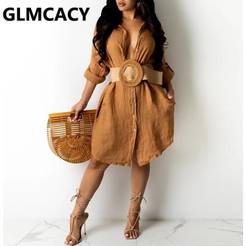 NO BELT) Long Sleeve Button Down Linen Dress Causal Loose Mini Dress