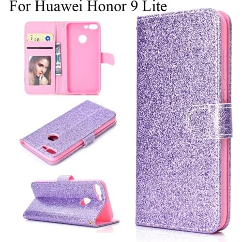Glitter Wallet Cover for Huawei Honor 9 Lite With Photo Pocket Hand String Shock Proof Stand Case For Huawei Honor 9Lite Pouch