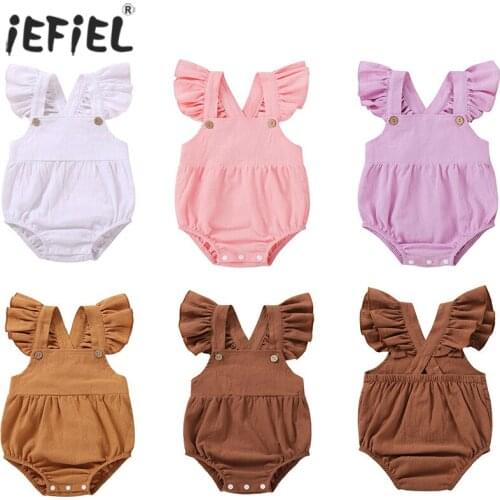 Newborn Infant Baby Girls Flying Sleeve Bodysuit Summer Button Jumpsuit Striped Casual Sleeveless Backless Solid Outfits Clothes
