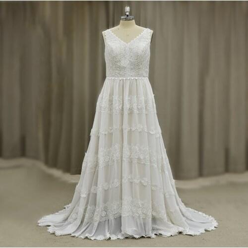 Boho Beach Lace Wedding Gowns V Neck Backless Plus Size 2020 Chiffon Long Plus Size Bridal Dress Rush Order Real Photo 9019