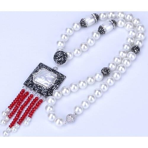 Boho Luxury Wine Red Glass Beaded Tassel Big Square Natural Freshwater Pearl Bead Charm Pendant Beads Chain Necklace For Women