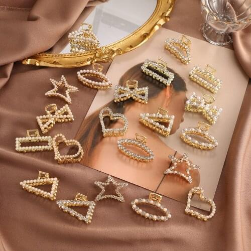 European and American jewelry with pearl clip hair ornament geometric inlaid rhinestone hair clip adult clip headdress wholesale