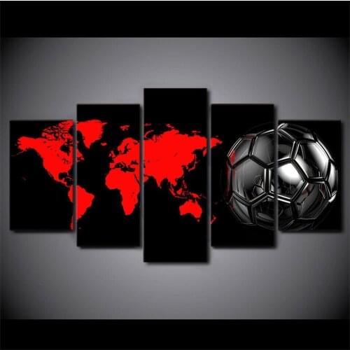 Soccer Red World Map 5 Pcs Modern Home Wall Decor Canvas Picture Art HD Print Painting On Canvas for Living Room
