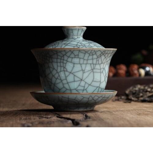 [GRANDNESS] Chinese Ge Kiln Longquan Celadon Porcelain Gaiwan China Teacups and Tea Bowl Ceramic 155ml Crackle Glaze Tea Pot