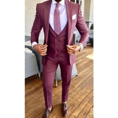 Custom Made Casual Burgundy Slim Fit 2020 Mens Wedding Suit Groom Suits Best Man Groomsmen Suits 3 Pieces Blazer+Pants+Vest