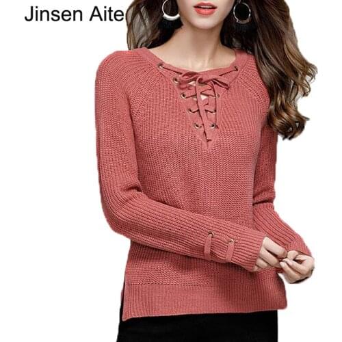Jinsen Aite New Autumn Pullovers Women Sweater V-Neck Lace Up Solid Fashion Knitted Sweaters Winter Long Sleeve Top Female JS37